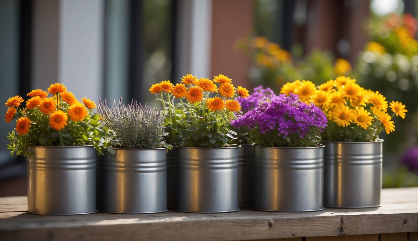 Vibrant flowers bloom in tin planter boxes, adding charm to outdoor spaces. The sturdy metal containers offer durability and style for gardening