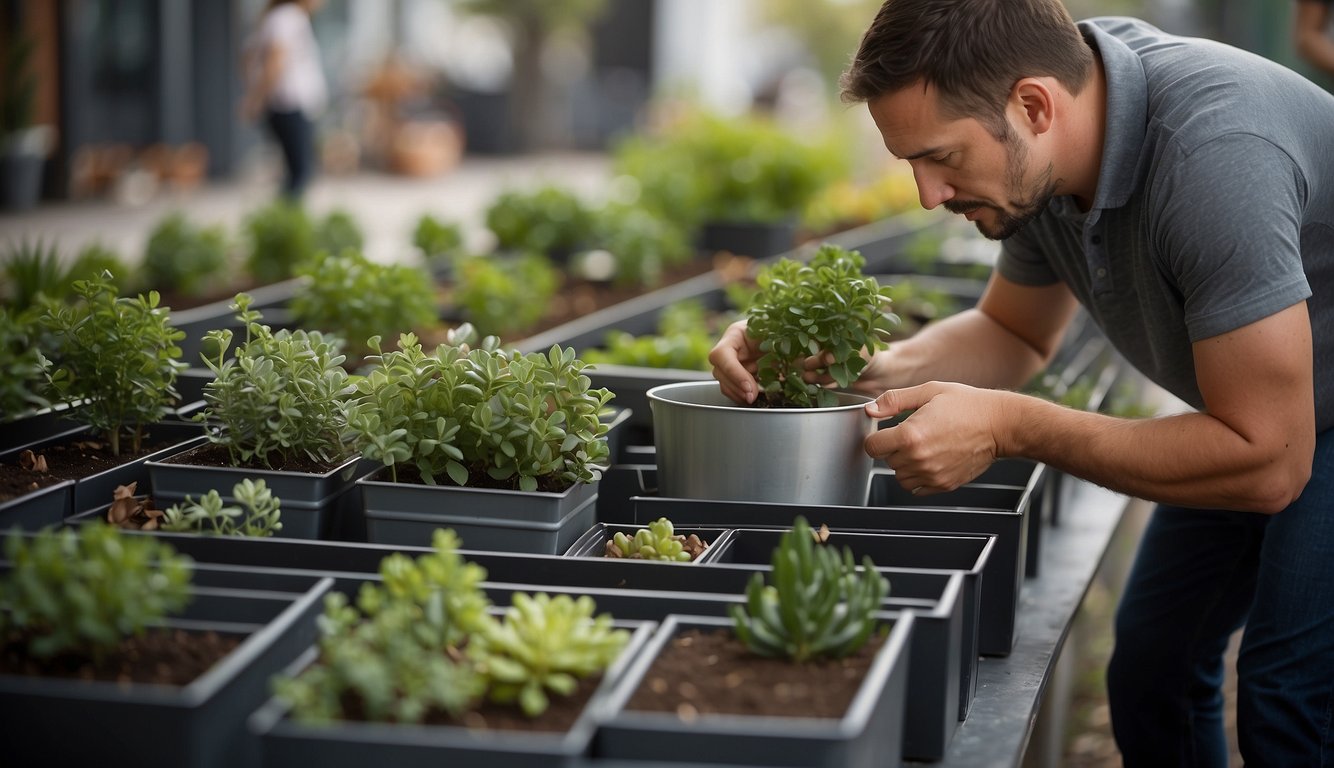 A person measures and compares various tin planter boxes for size and shape, considering different options