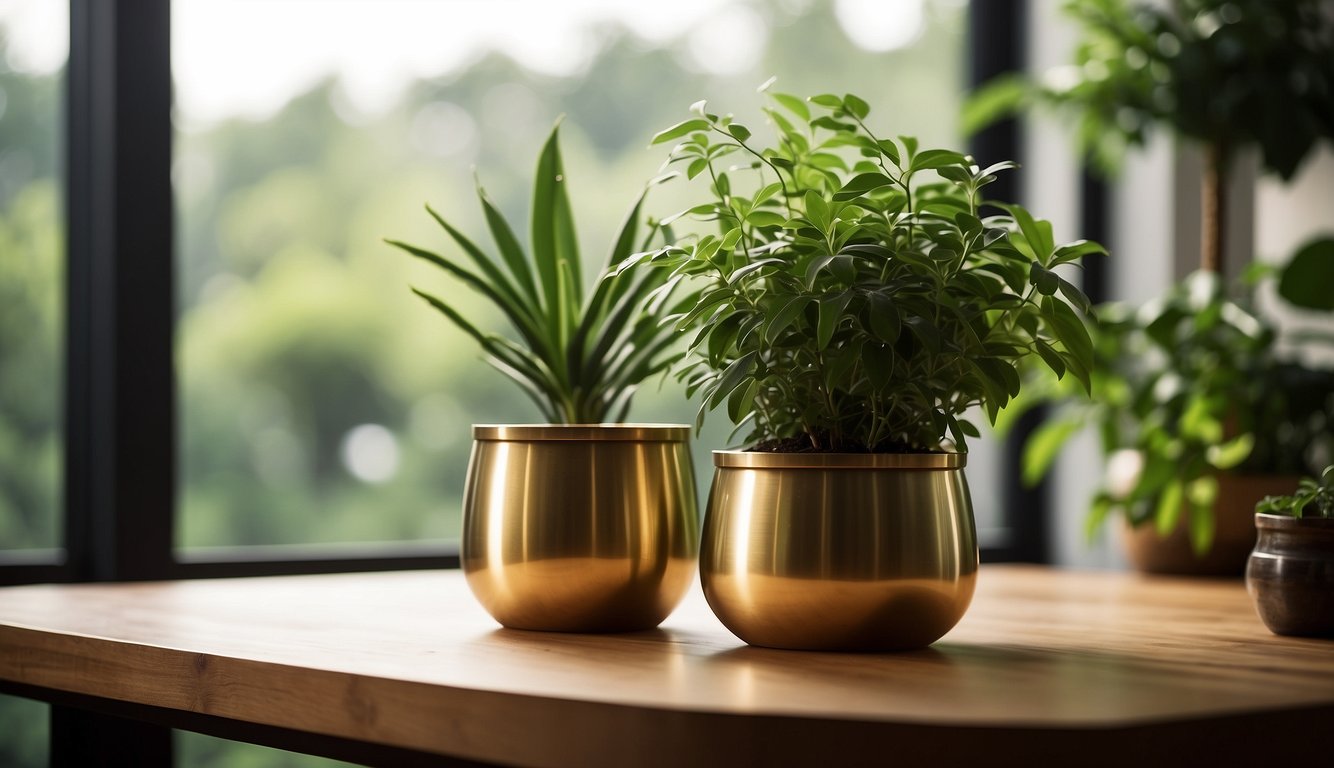 A brass pot plant sits on a wooden table, surrounded by lush greenery and bathed in soft natural light