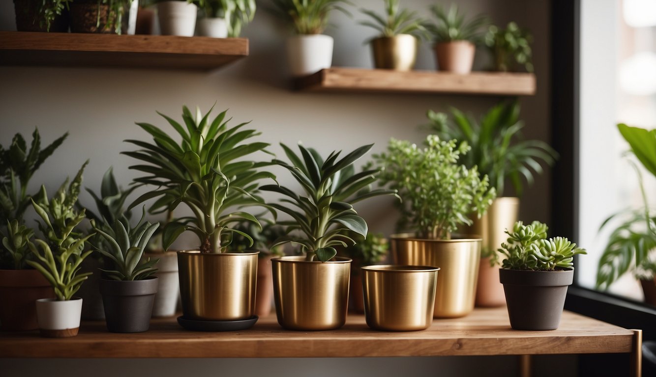 A hand reaches for a shiny brass pot plant, surrounded by various other potted plants on a wooden shelf