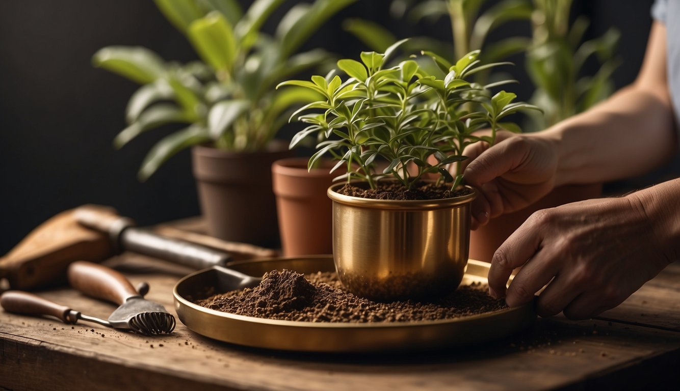 A hand reaches for a tarnished brass pot plant, polishing it with a soft cloth. The plant sits on a wooden surface, surrounded by small gardening tools