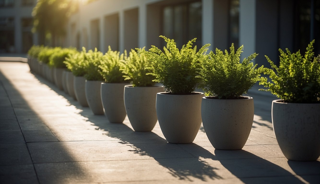 The large concrete planters stand in a row, each filled with vibrant green plants. The sun casts long shadows across the smooth, gray surface