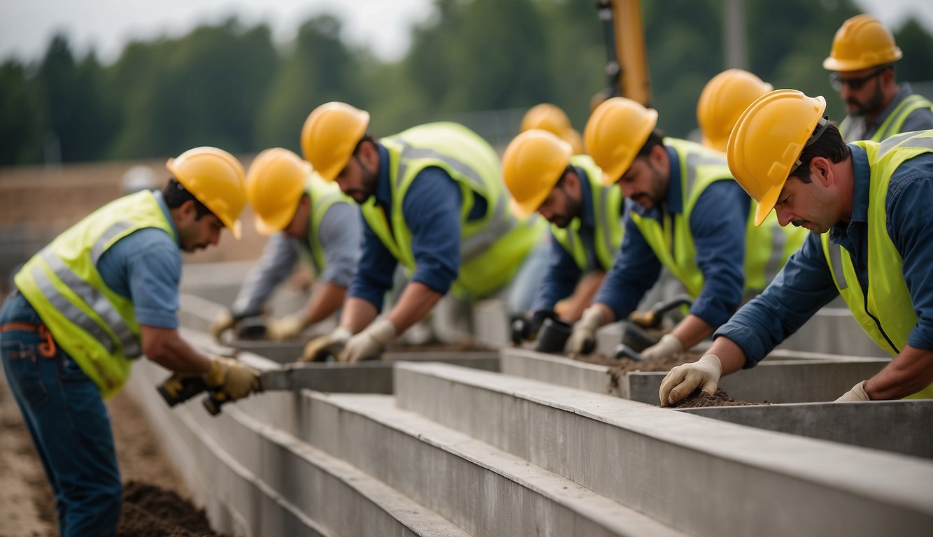 Workers place and install large concrete planters in a row, using heavy machinery and tools