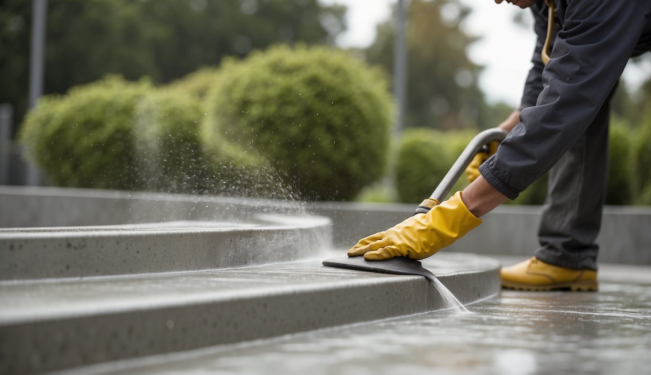 A person spraying and scrubbing large concrete planters with a hose and brush, then applying a protective sealant