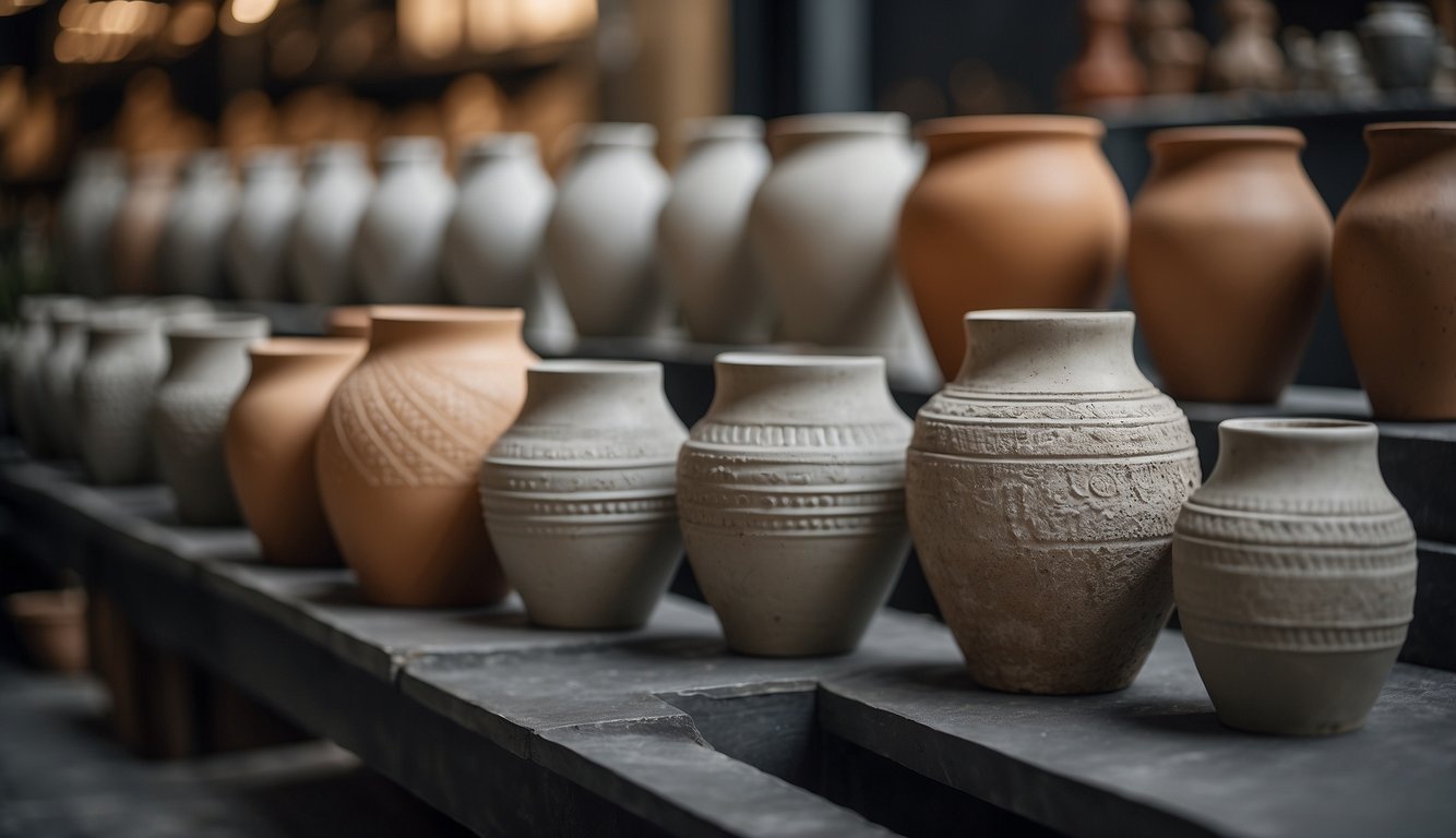 Several cement pots of varying sizes and designs arranged neatly on display for sale