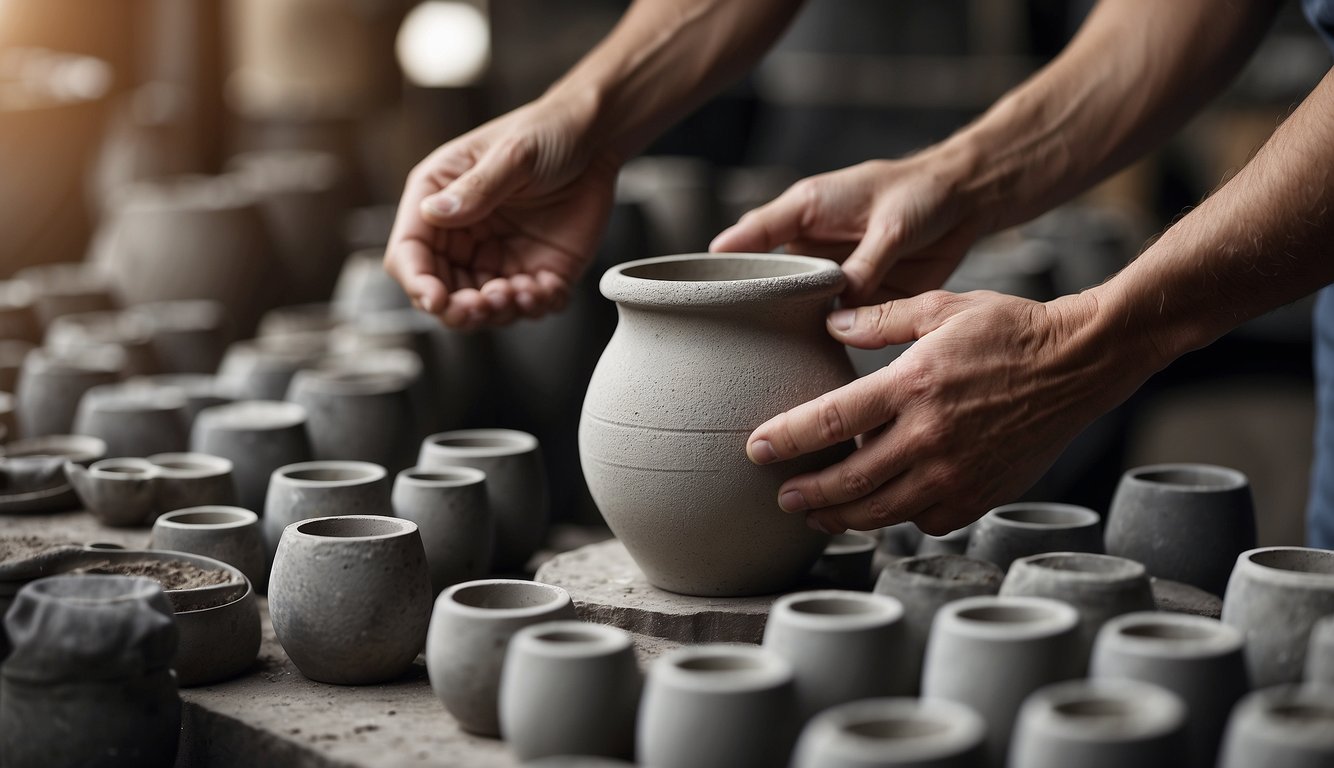 A pair of hands gently lifting a small cement pot, surrounded by various sizes and shapes of cement pots for sale