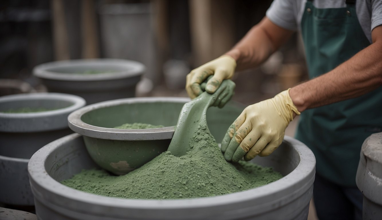 A cement mixing machine blends recycled materials into a smooth paste. A worker pours the paste into molds shaped like pots. The pots dry in a solar-powered kiln