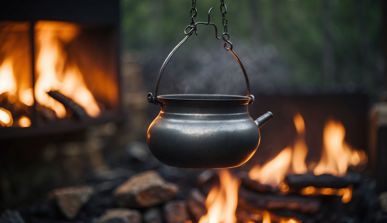 A metal pot suspended from a hook, dangling above a crackling fire