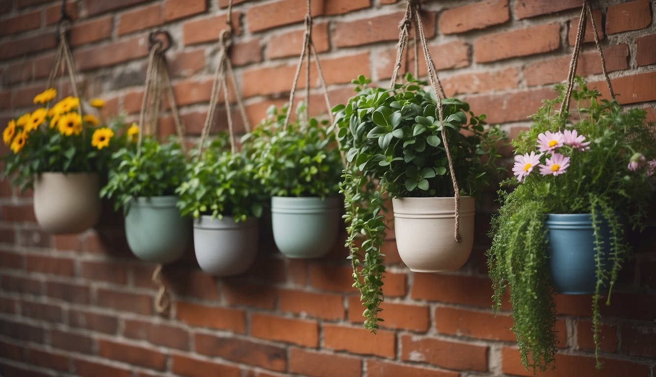 Various hanging pots in different shapes and sizes, suspended from a wooden beam against a brick wall. Green plants and colorful flowers spilling over the edges