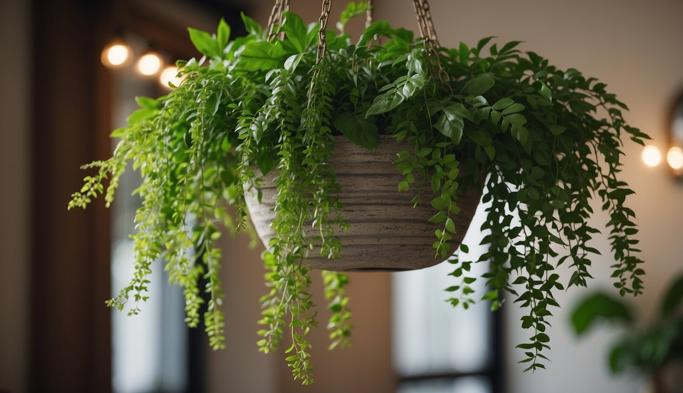 A lush green plant cascades from a hanging pot, surrounded by colorful, patterned decorations