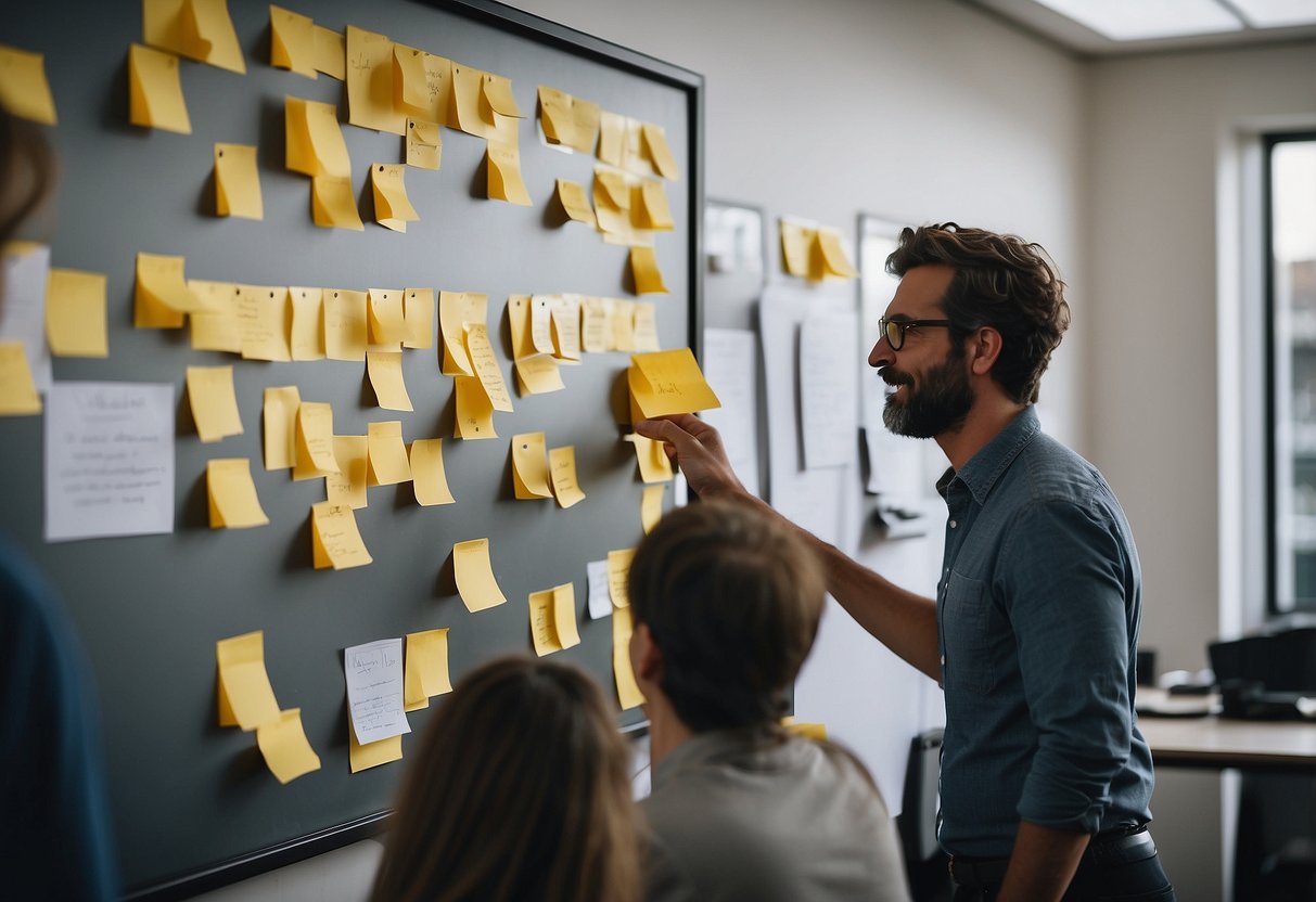 A brainstorming session with sticky notes, sketches, and a whiteboard. Iterative prototyping and testing with various materials and tools. Feedback and collaboration among team members