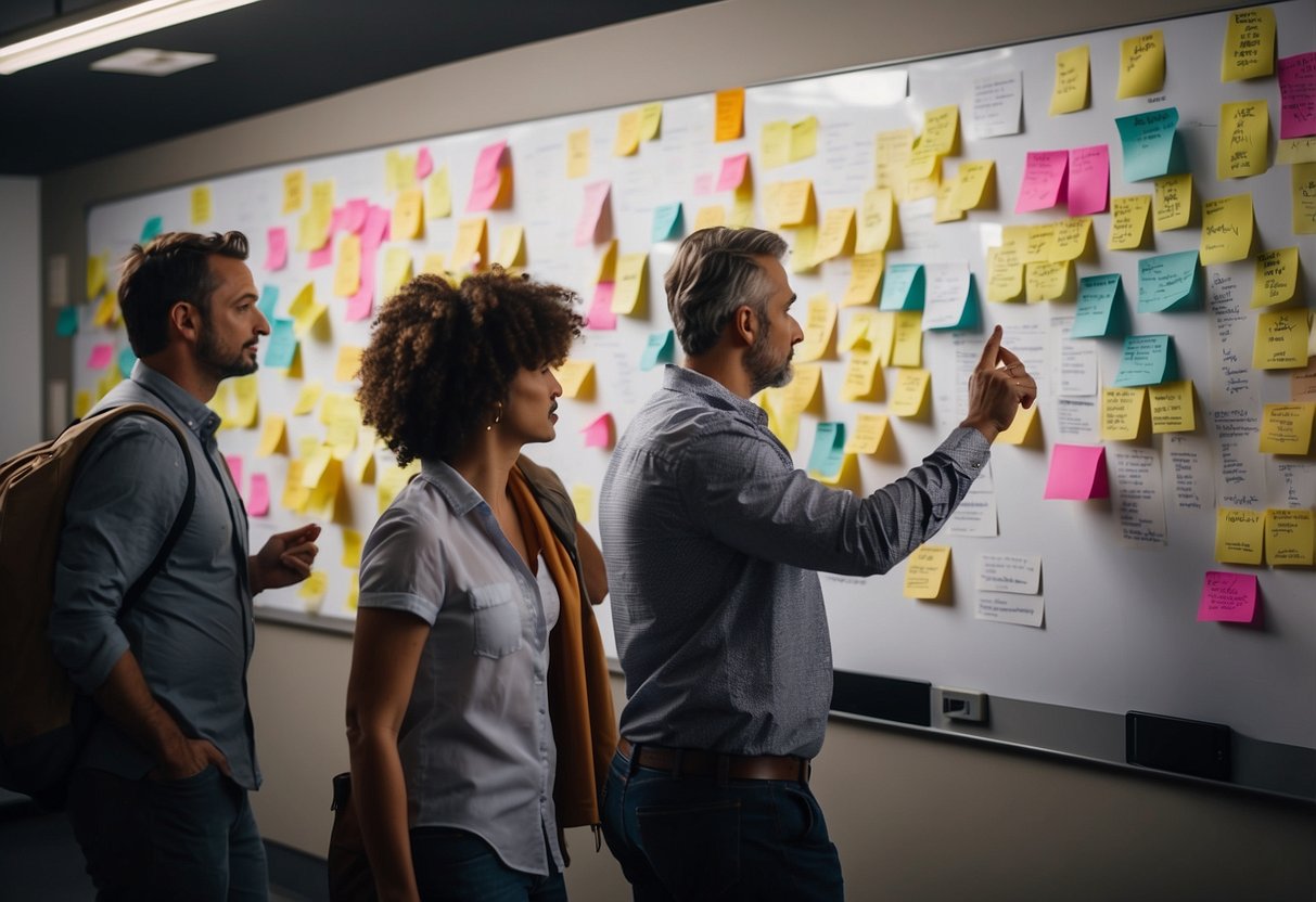 A whiteboard with colorful sticky notes, sketches, and diagrams, surrounded by a diverse group of people brainstorming and collaborating