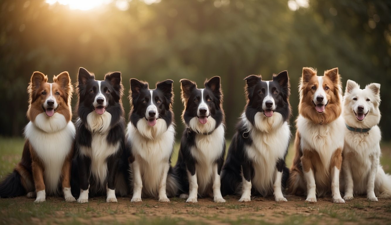 A group of border collies, poodles, and German shepherds sit attentively in a row, their eyes focused and ears perked, showcasing the most intelligent dog breeds
