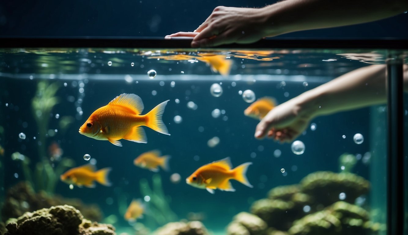A hand reaches into the fish tank, using a small net to skim the surface and remove the bubbles. The water is calm and clear, with colorful fish swimming below