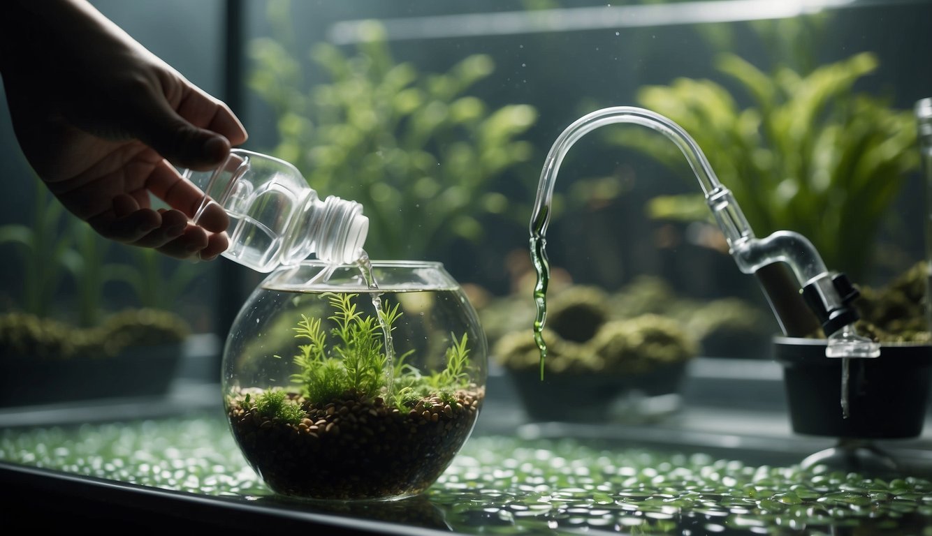 A handless figure siphons water from a fish tank, scrubbing algae from the glass. A net scoops debris from the gravel as a filter hums in the background