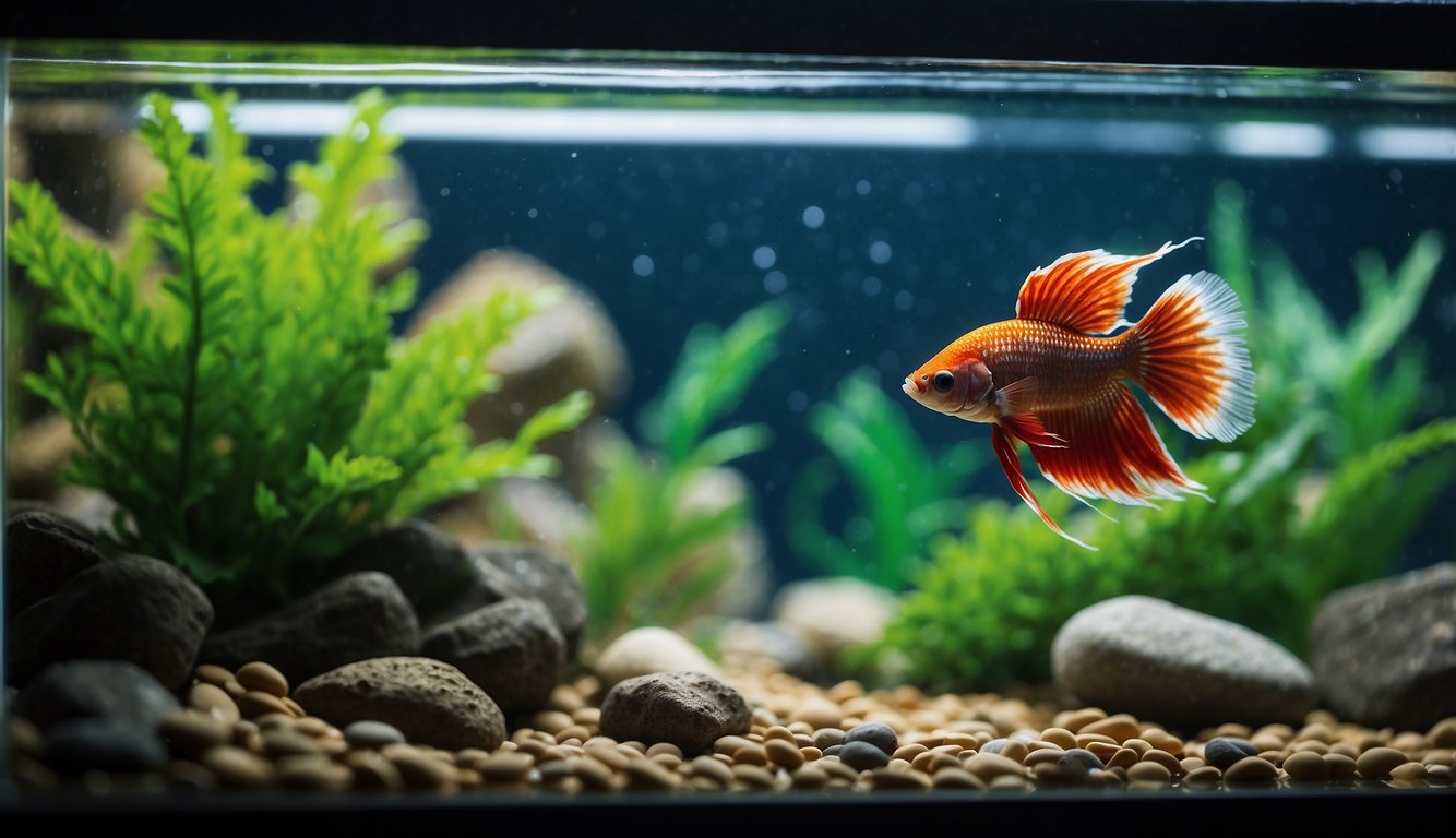 A betta fish swims in a well-maintained tank with a thermometer displaying the ideal temperature of 78-80°F. Plants and rocks provide a natural environment