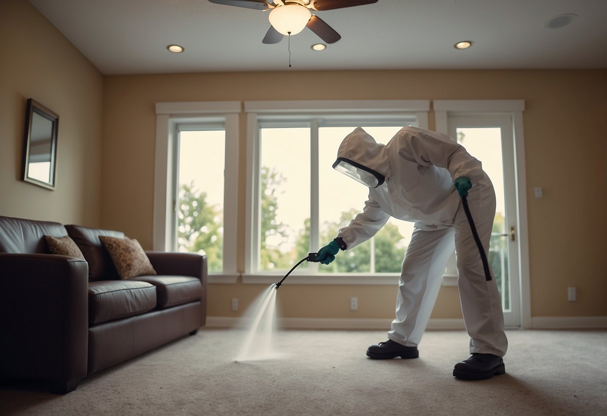 A professional pest control technician sprays a bedbug-infested home or business with a comprehensive treatment, targeting all potential hiding spots