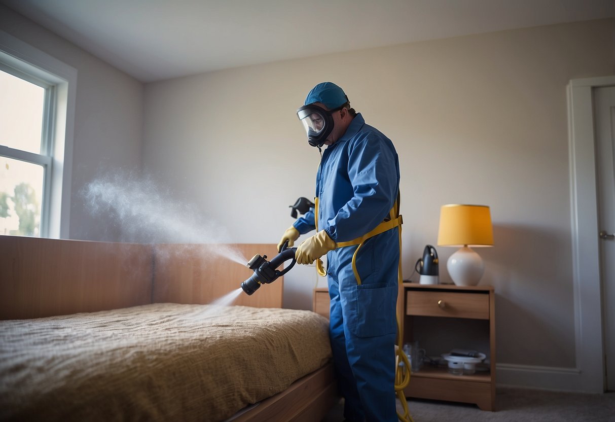 A pest control technician sprays a bedbug-infested room with a comprehensive treatment, targeting all potential hiding spots and infested areas