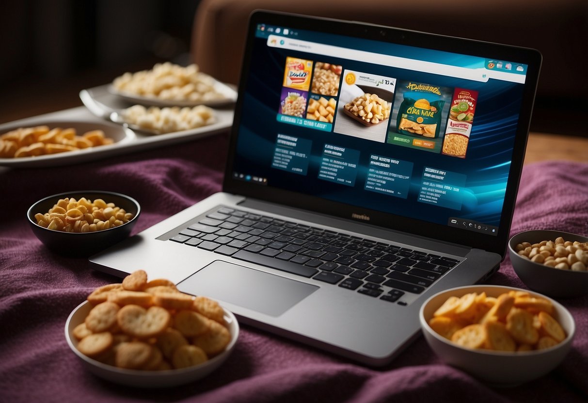 A laptop with a Bollywood movie playing on the screen, surrounded by snacks and a cozy blanket