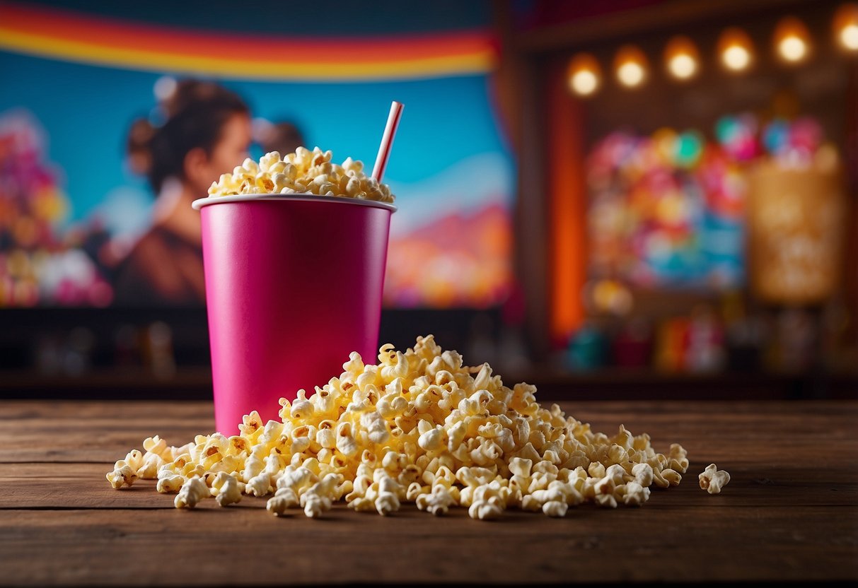 A colorful movie screen with vibrant Bollywood movie posters, a popcorn bucket, and a soda cup on the side