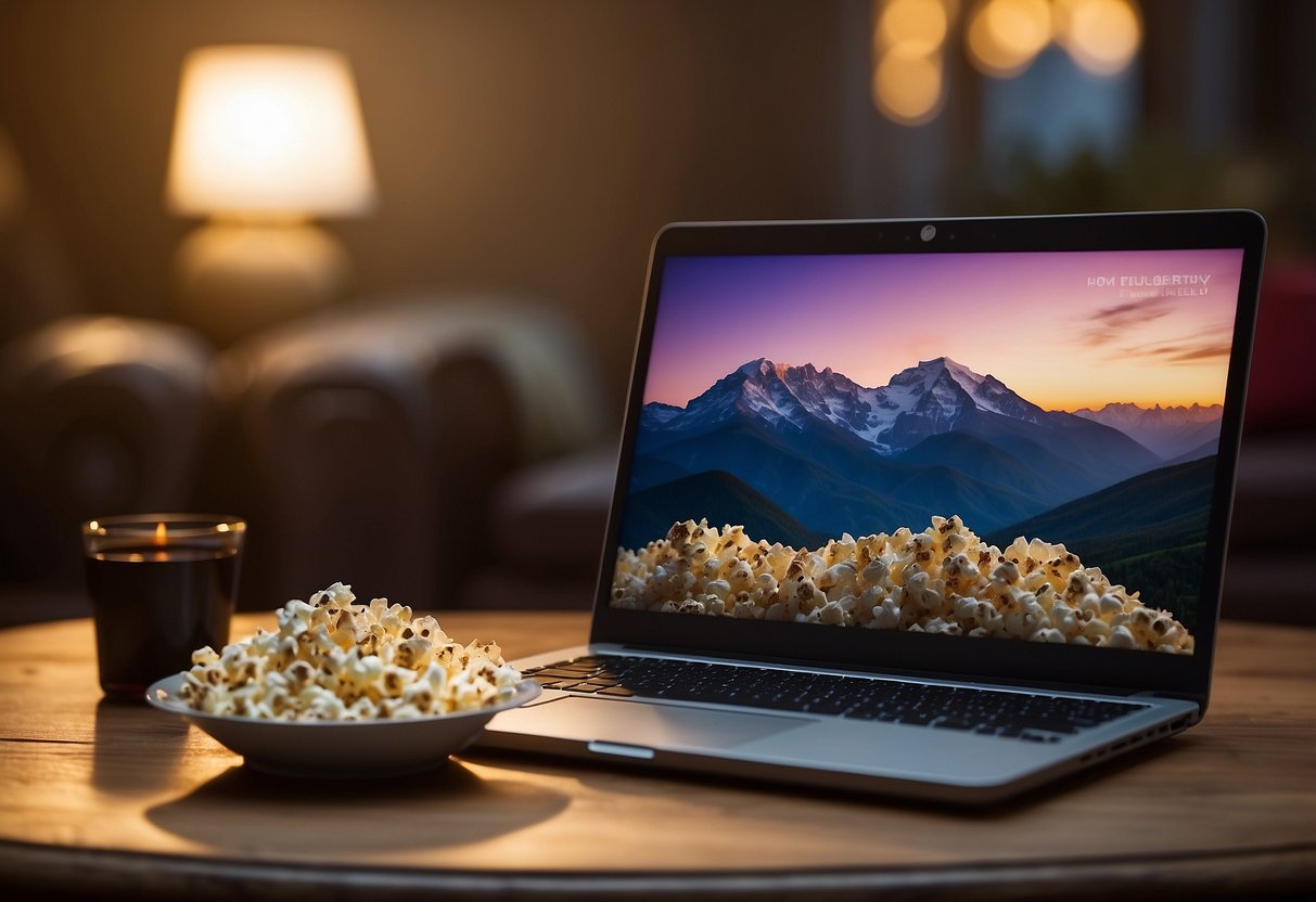 A laptop displaying a split screen with a new Bollywood release on one side and a classic Bollywood movie on the other. Popcorn and a remote control sit nearby