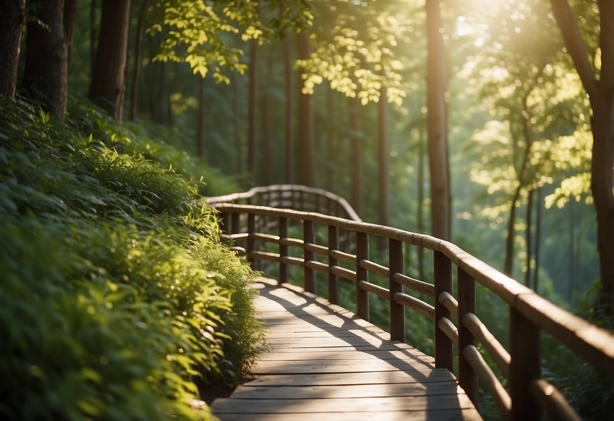 A wooden walkway winding through a lush forest, dappled sunlight filtering through the leaves, with rustic handrails and natural surroundings