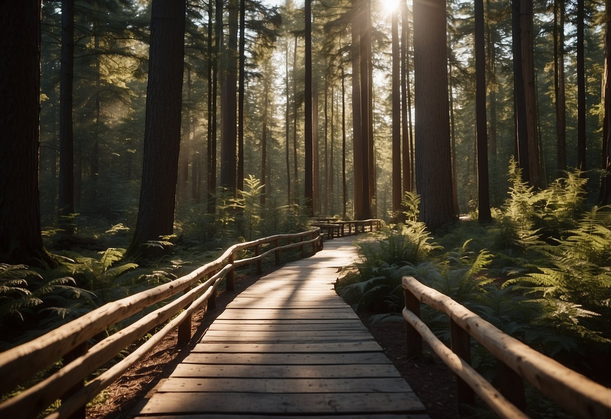 A winding cedar plank path leads through a rustic woodland setting, bordered by tall trees and dappled sunlight