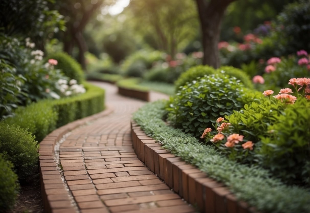 A curved red brick path winds through a lush garden, bordered by 20 unique wood walkway ideas