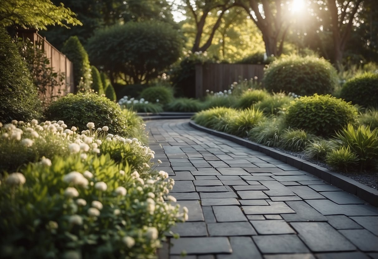 A modern slate tile path winds through a lush garden, bordered by 20 unique wood walkway ideas