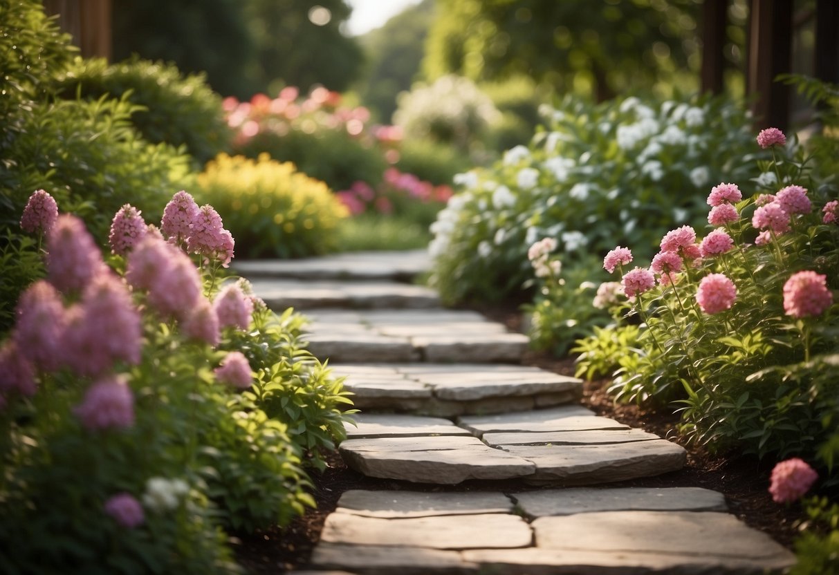 A classic flagstone walkway winds through a lush garden, bordered by vibrant flowers and neatly trimmed shrubs. The warm, weathered wood adds a rustic touch to the elegant landscape