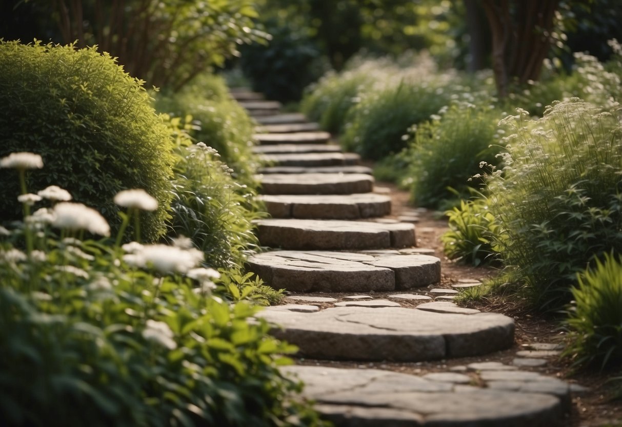 A winding path of natural stone stepping stones leads through a lush garden, bordered by 20 wooden walkway ideas