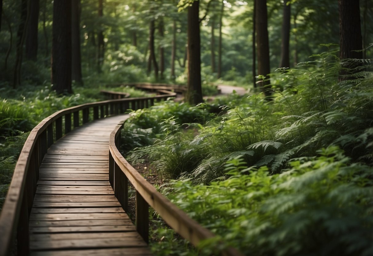 A winding path of weathered reclaimed wood, bordered by overgrown greenery, leads through a tranquil forest setting