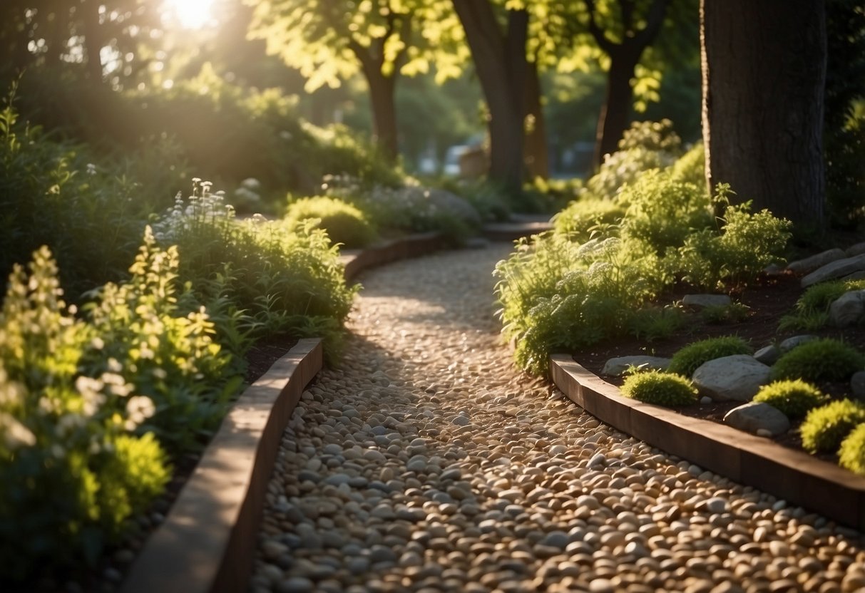 A winding path of mixed wood and pebbles creates a rustic walkway through a lush garden, with dappled sunlight filtering through the trees