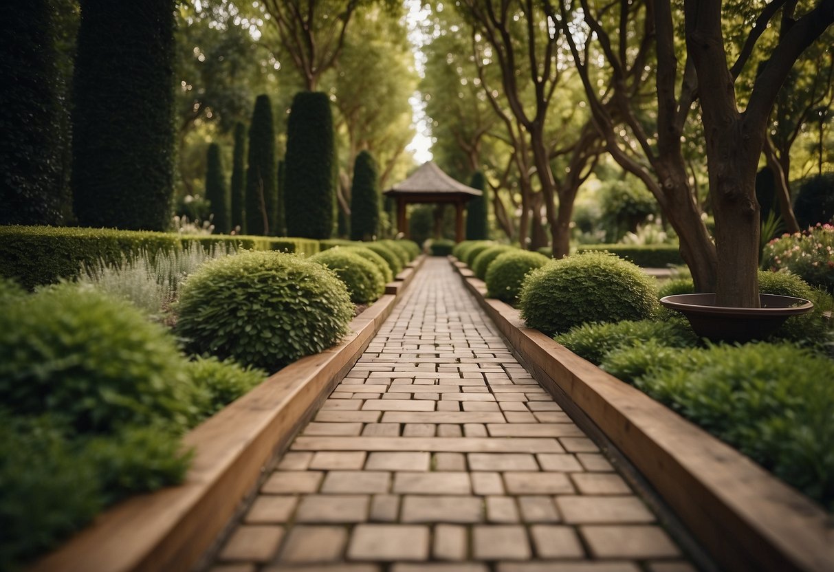 A straight path made of square wooden tiles, bordered by greenery, leading to a peaceful garden or natural setting