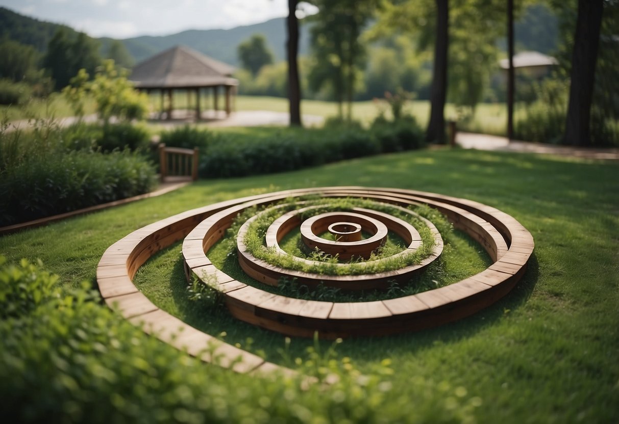 A winding herb spiral with wood walkway surrounded by lush green grass