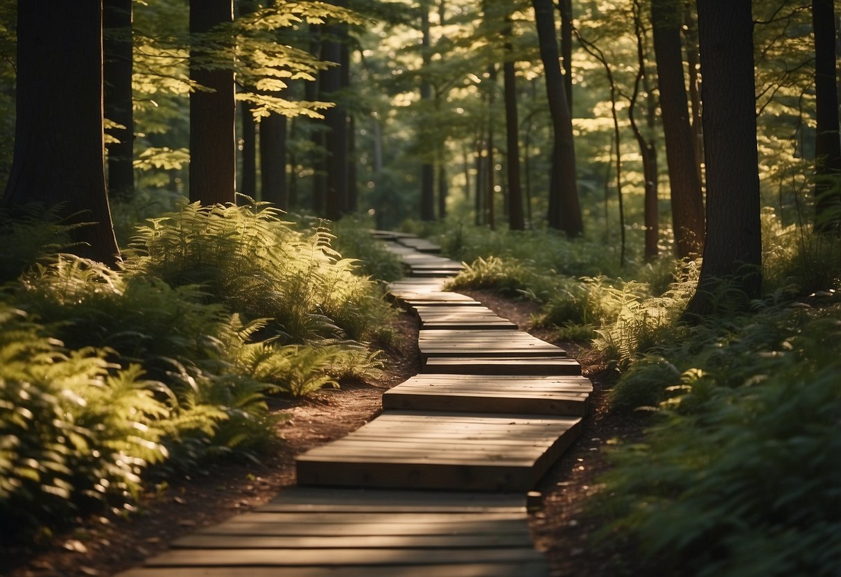 A winding softwood path, lined with smooth, barefoot-friendly planks, meanders through a tranquil forest setting. Sunlight filters through the trees, casting dappled shadows on the path