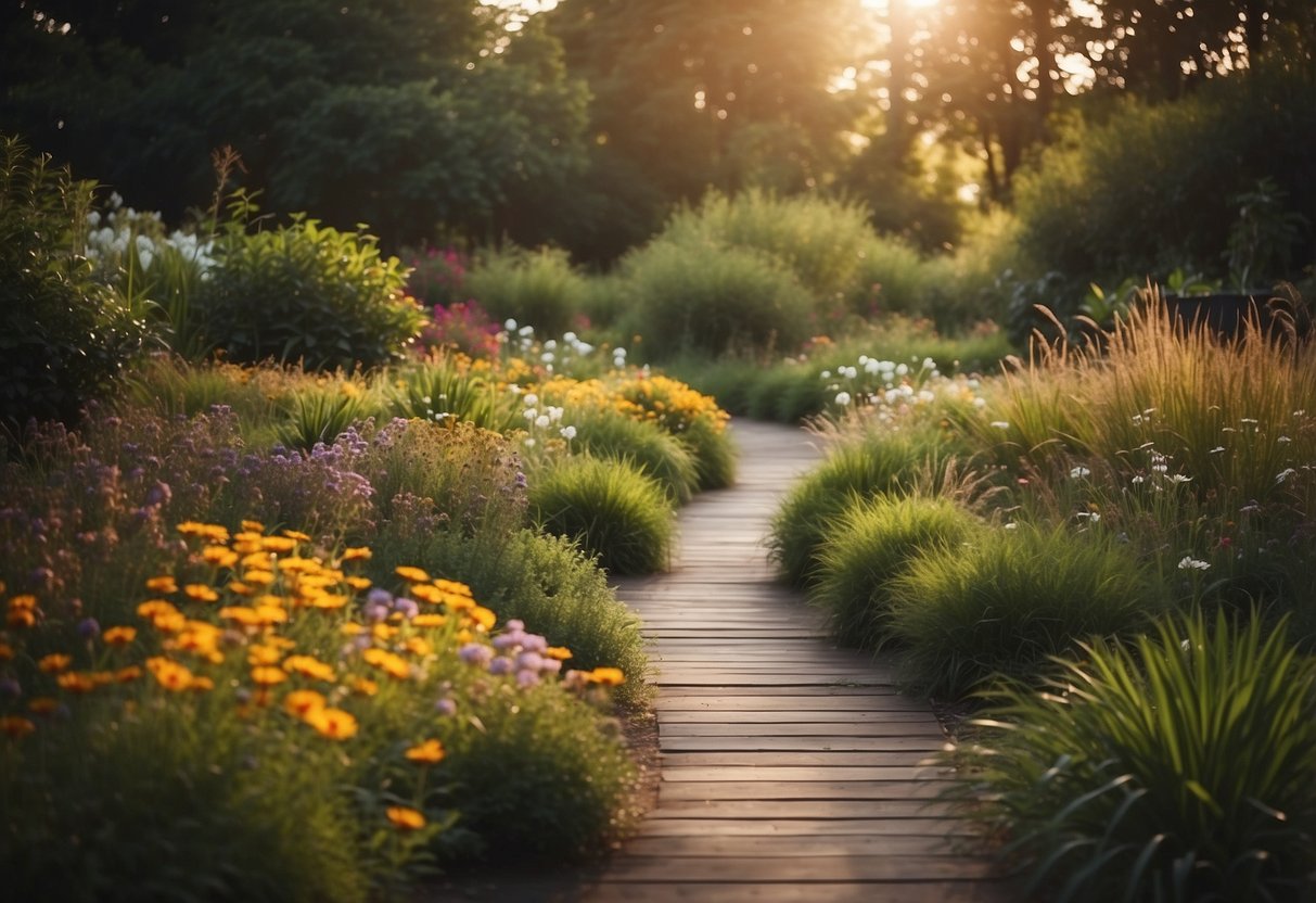 A sleek Ipe wood pathway winds through a lush garden, bordered by vibrant flowers and tall grasses. The warm, rich tones of the wood contrast beautifully with the natural surroundings