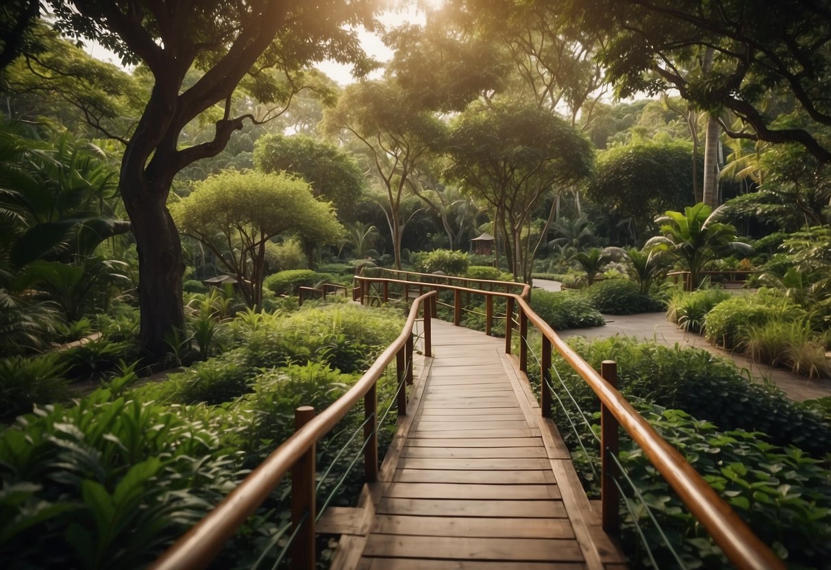 A serene garden with a variety of wooden walkways winding through lush greenery, connecting different areas and providing a natural and inviting pathway for visitors to explore