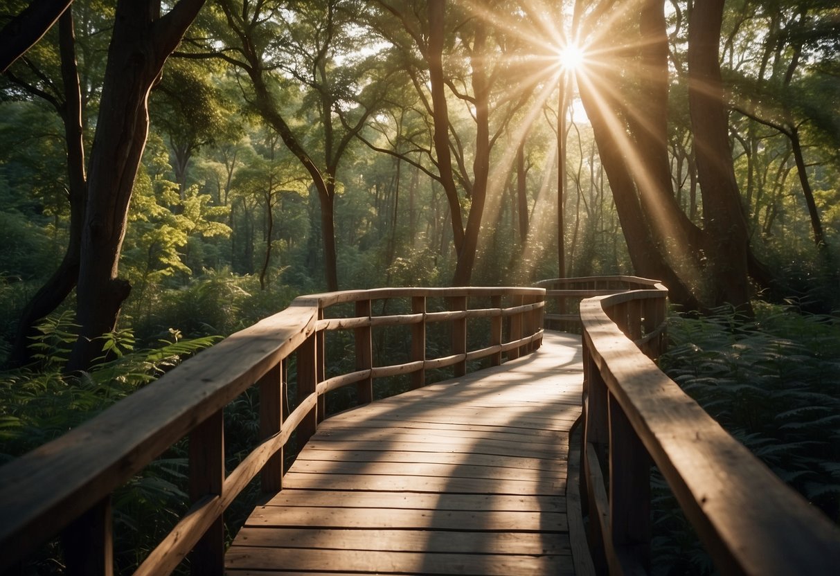 A wooden walkway winding through a lush forest, with dappled sunlight filtering through the trees onto the weathered planks. The path meanders gently, creating a sense of tranquility and connection with nature