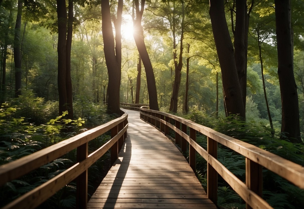 A wooden walkway winding through a lush forest, with dappled sunlight filtering through the trees and birds chirping in the background