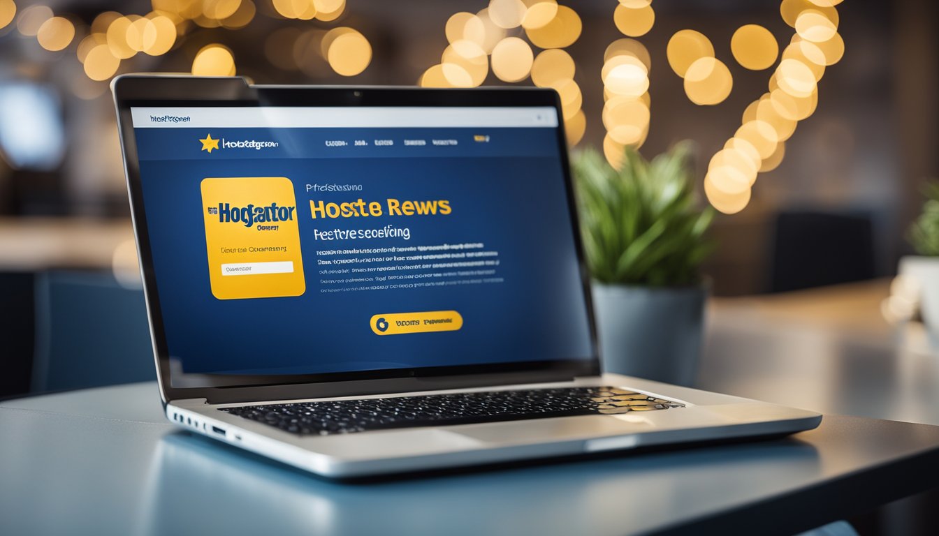 A laptop displaying HostGator's website with positive customer reviews and a 5-star rating. A happy customer using the web hosting service with ease