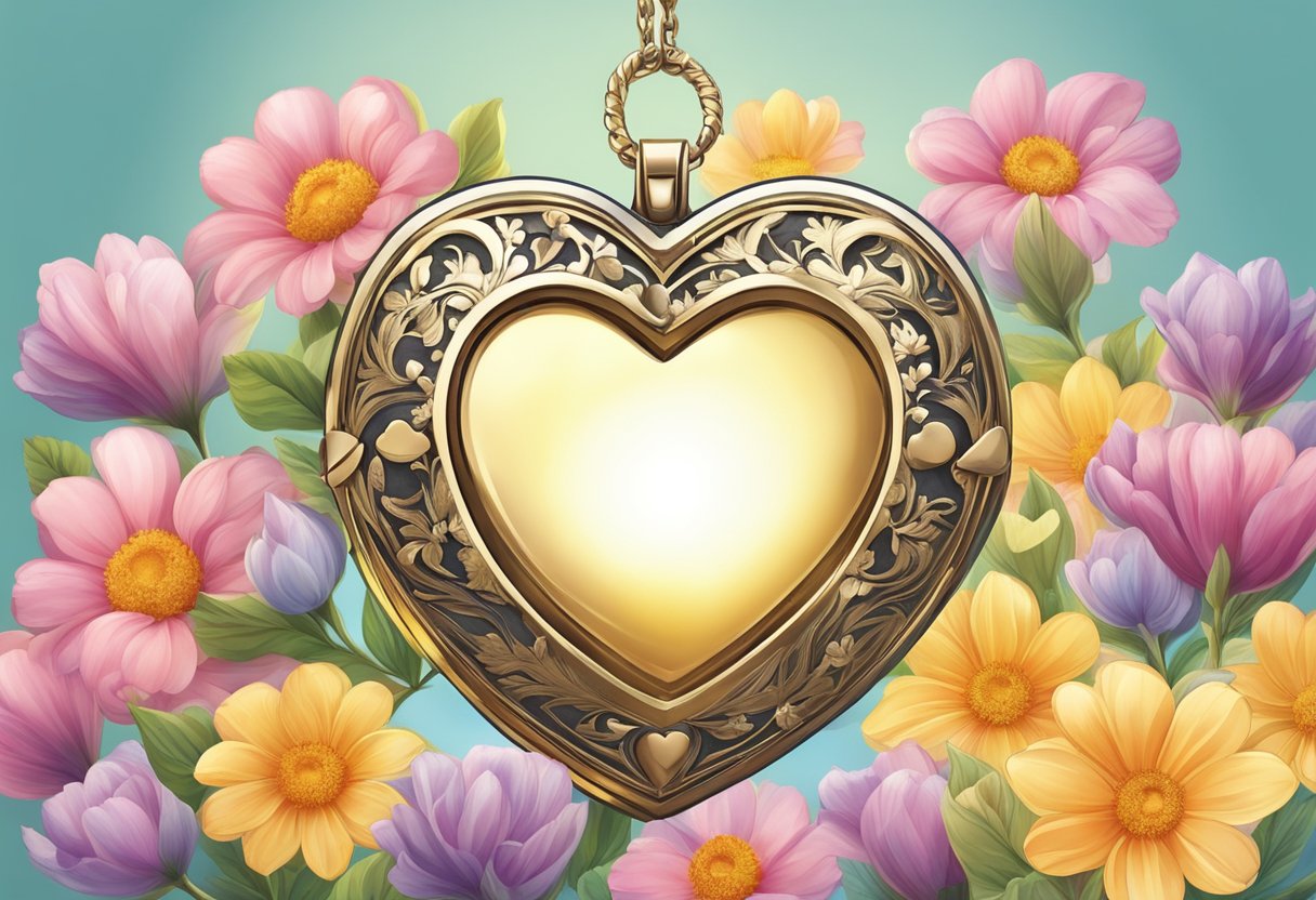 A heart-shaped locket surrounded by blooming flowers and a radiant sun