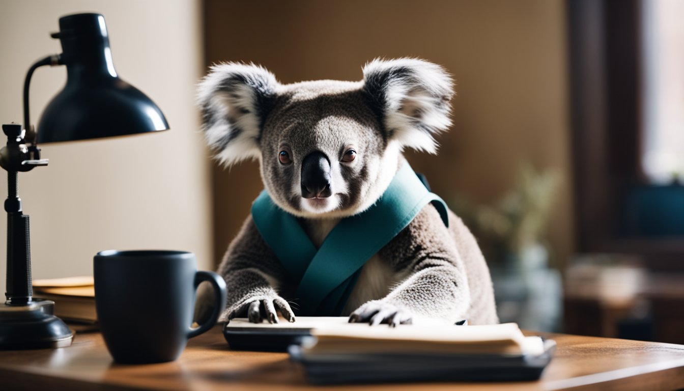 A koala sits at a desk, typing on a vintage typewriter. Papers and notebooks are scattered around, with a cup of coffee nearby. The koala looks focused and determined