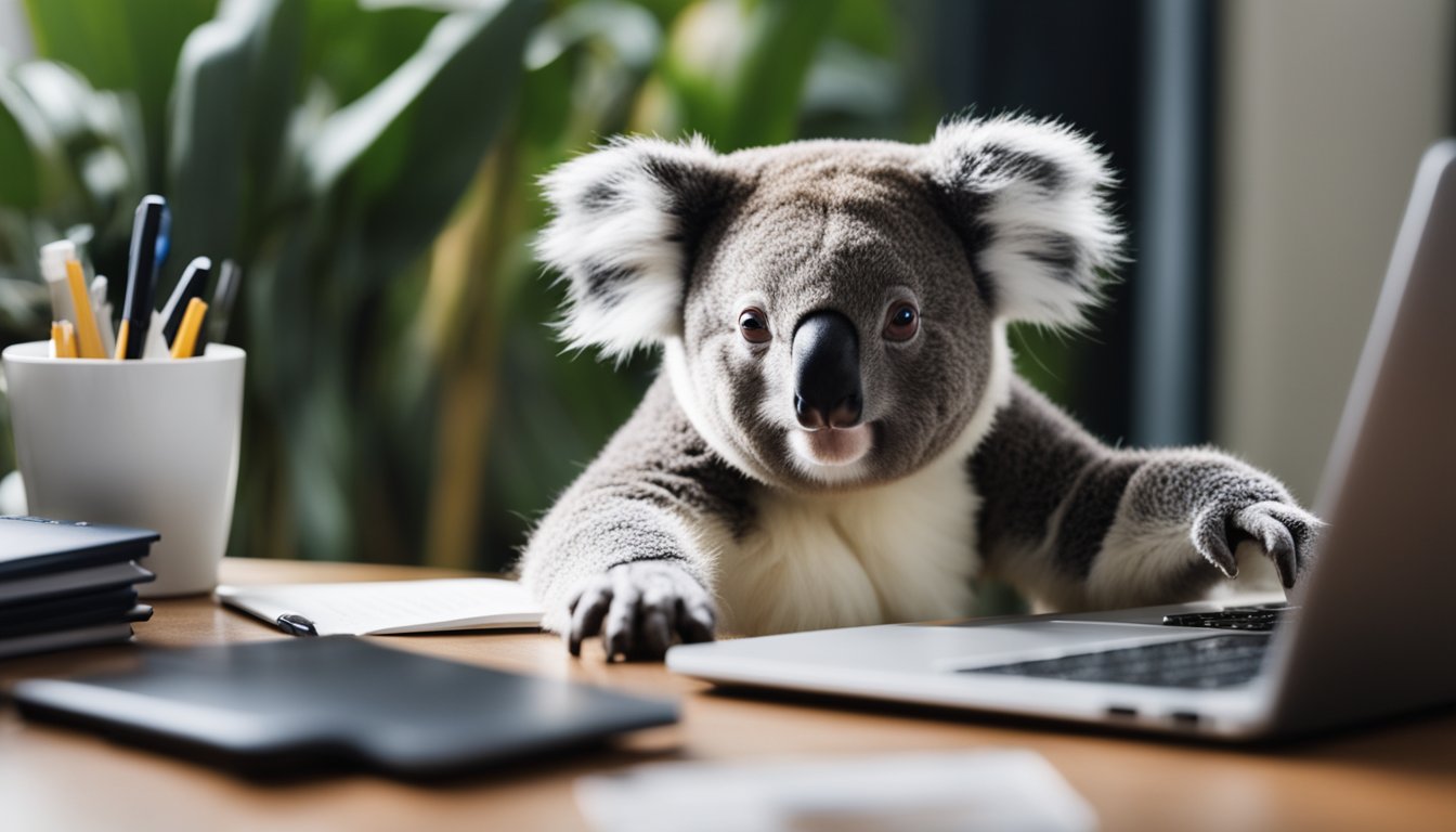 A koala sits at a desk, typing on a laptop with a blank document open. A stack of papers and a pen are nearby. The koala looks focused and determined