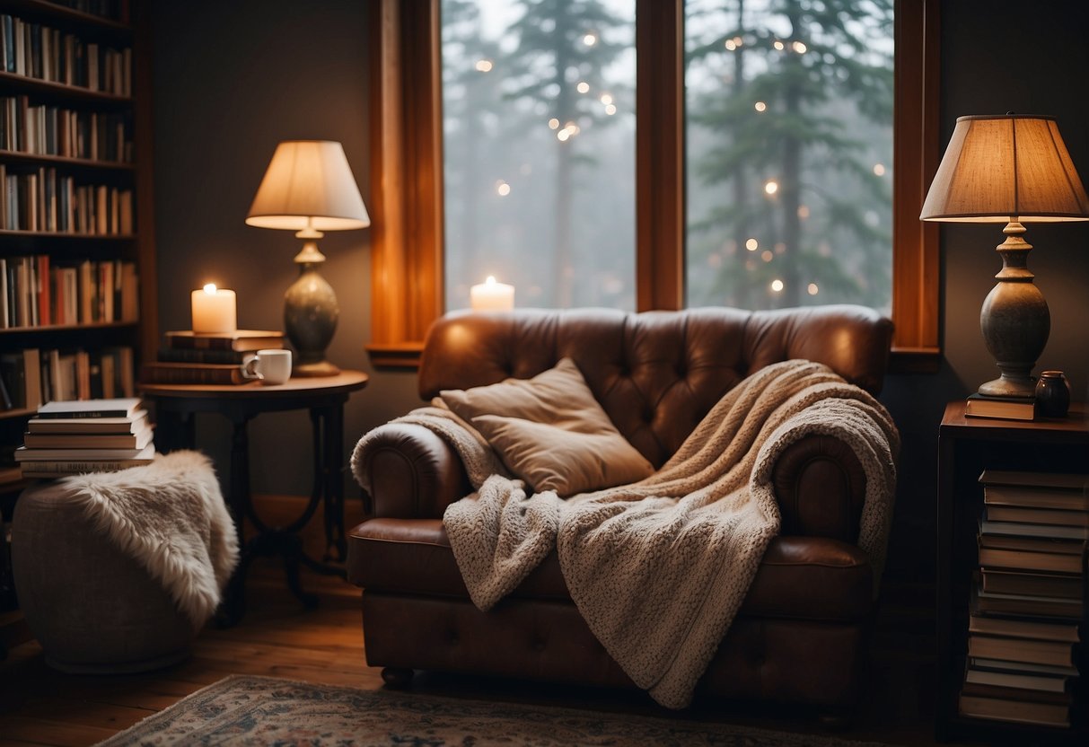 A cozy reading corner with a plush armchair, a warm blanket and a table with a steaming cup of tea and a stack of books