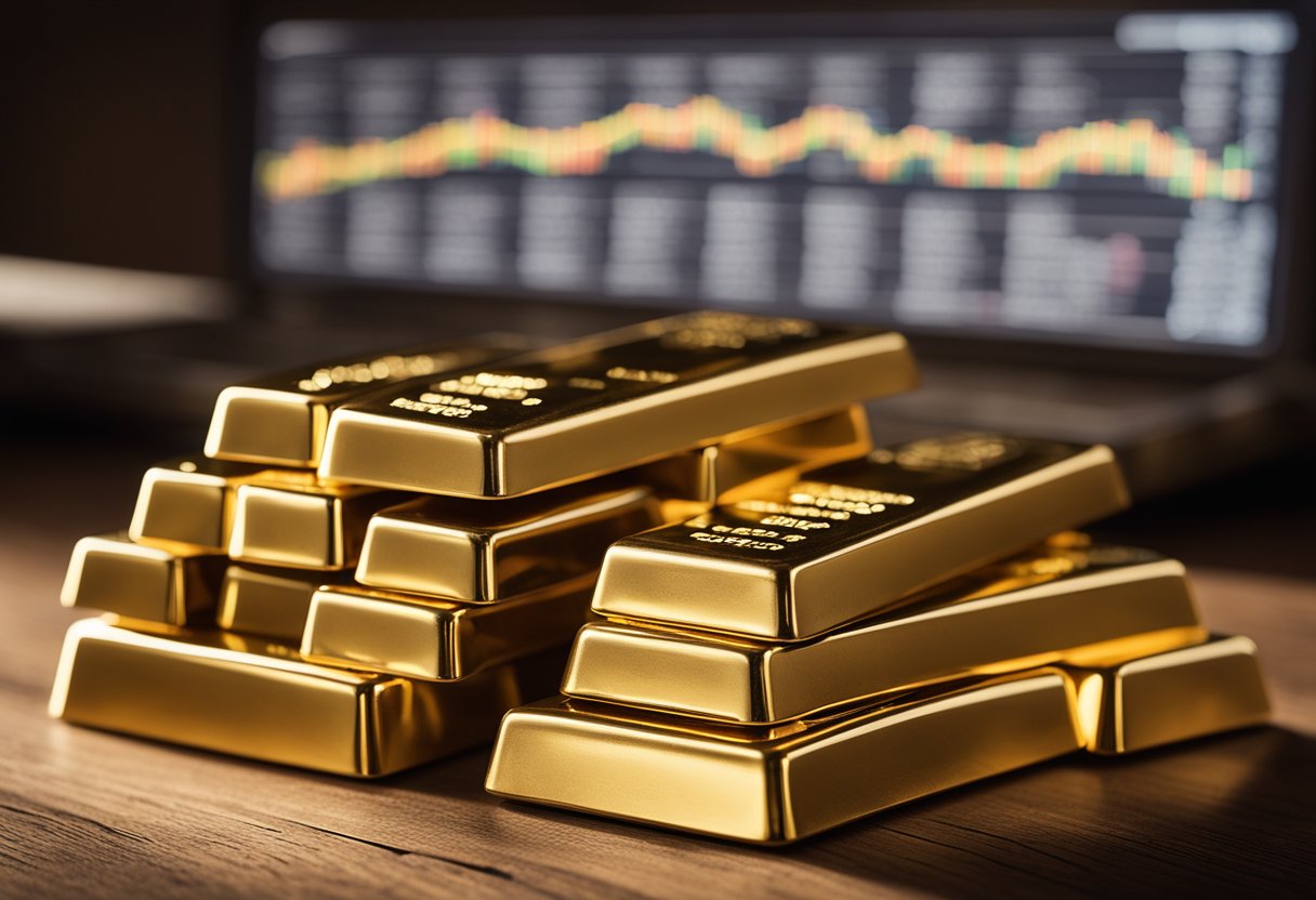 A stack of gold bars sits on a polished wooden table, with a price chart in the background showing the fluctuating gold prices in Russia