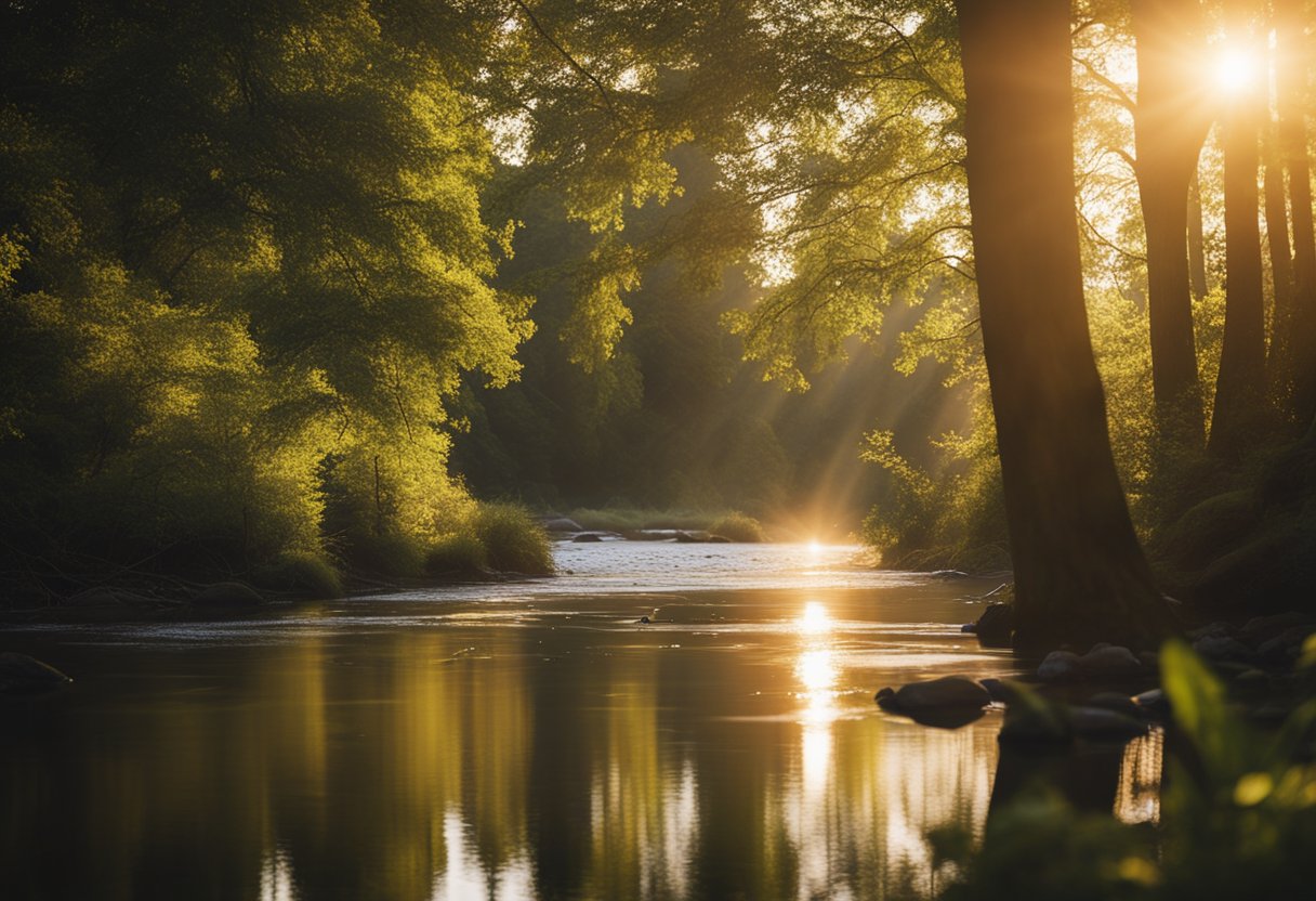 A golden sun setting over a serene forest, casting warm light on the lush greenery and sparkling off a tranquil river