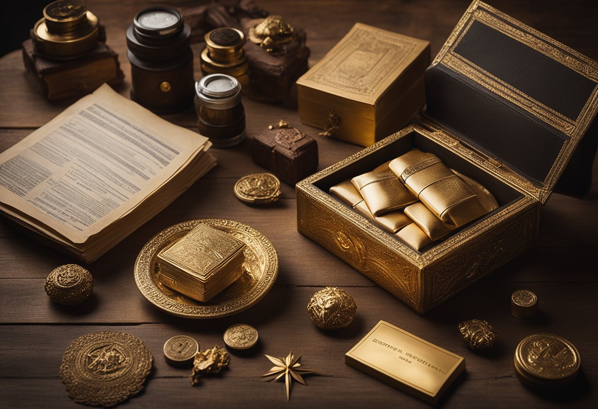 A shimmering gold care package sits on a rustic wooden table, surrounded by ancient artifacts and historical documents