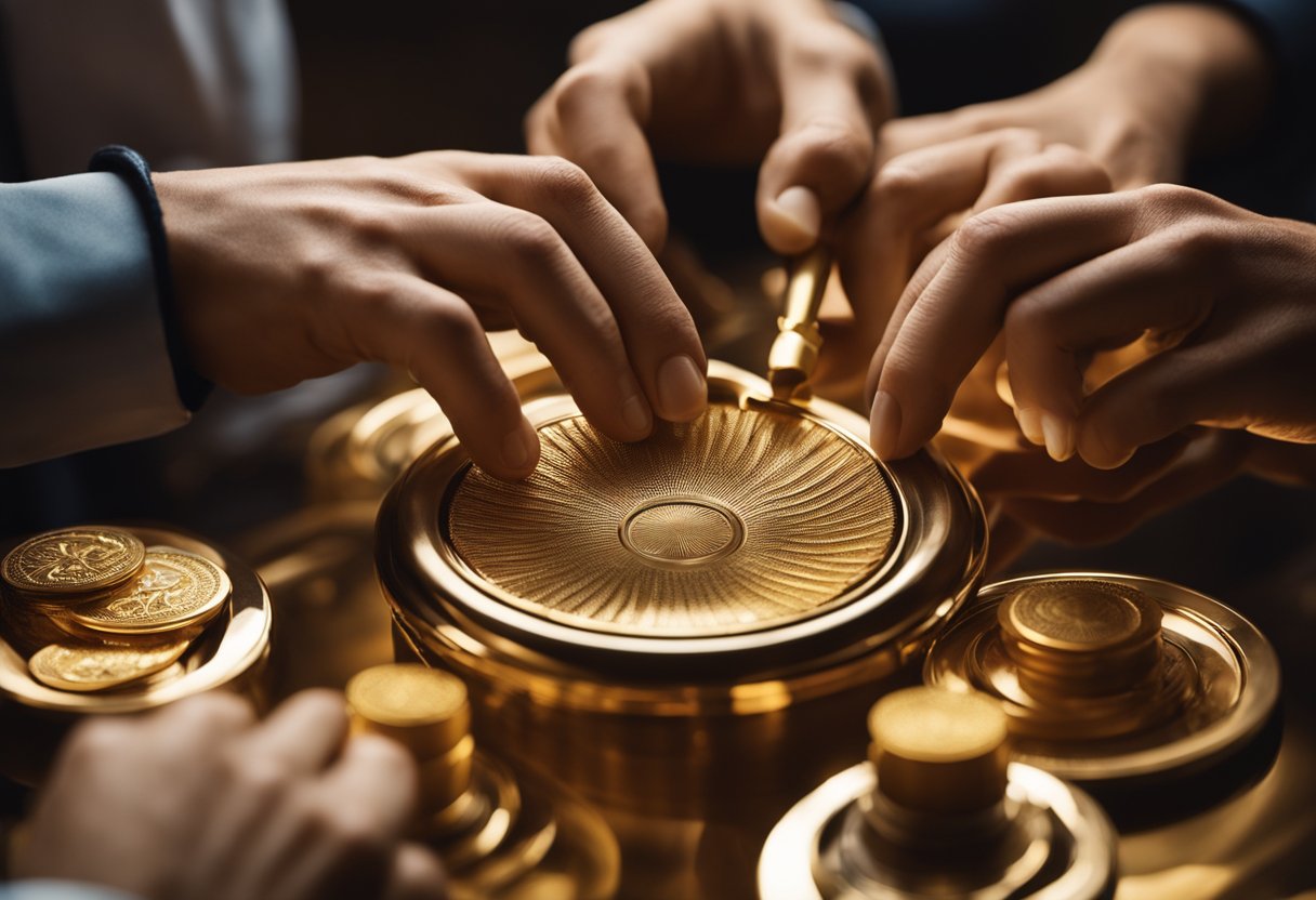 A pair of hands delicately polishing a gold object with a soft cloth, under warm lighting