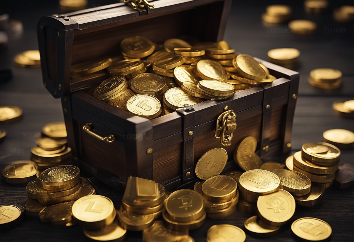 A treasure chest filled with gold coins and bars, surrounded by protective barriers and security measures